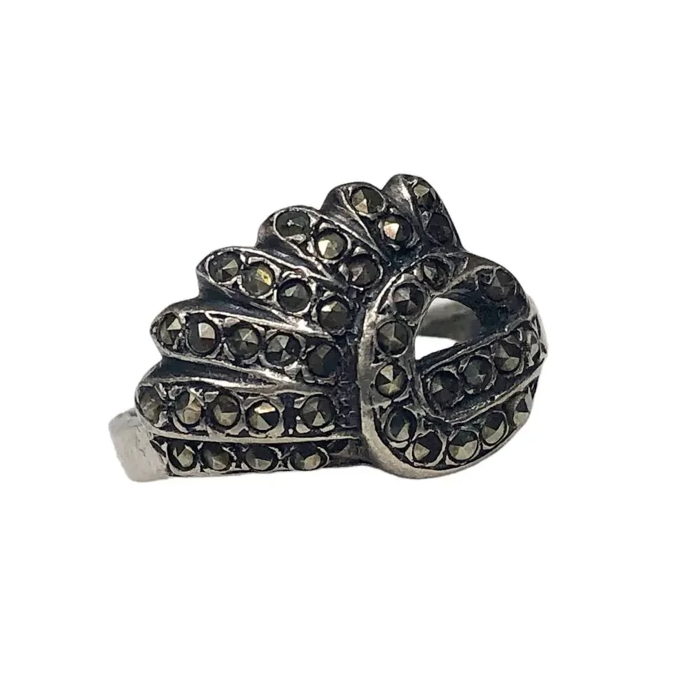 Ring Vintage Fashion Jewelry Art Deco Marcasite Sterling Silver Fan Knot Size 6